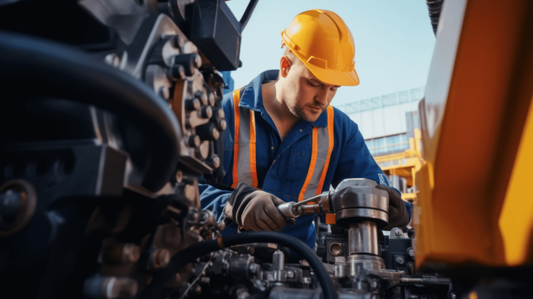 man in a hardhat working on the engine of a piece of construction equipment